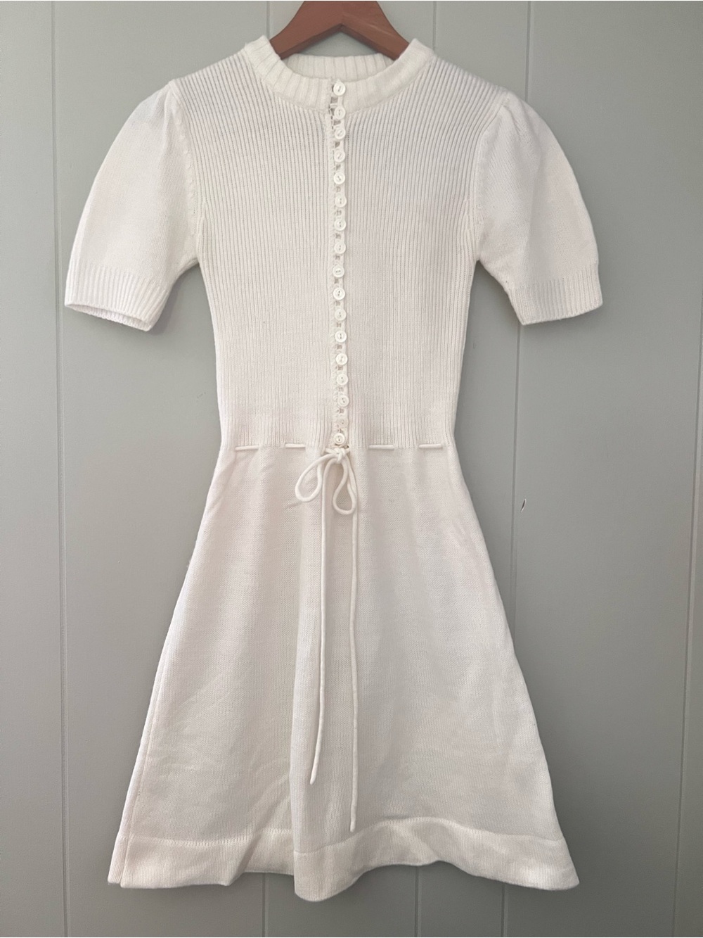 Vintage 70s White Knit Mini Dress Button Front Puff Sleeve Retro Cottagecore S - Picture 1 of 12